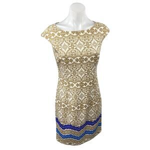 Maggy London Gold White Damask Cap Sleeve Boat Neck Mini Sheath Dress Size S